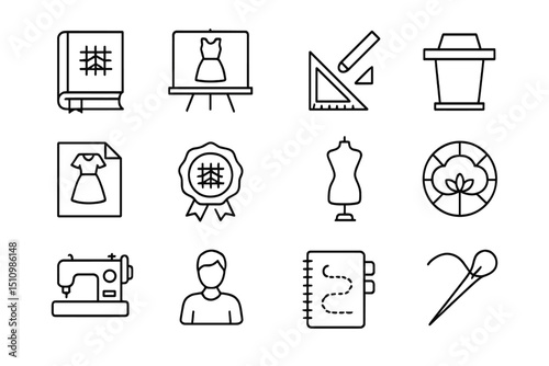 Fashion design icons set: sewing, patterns, tools, and accessories
