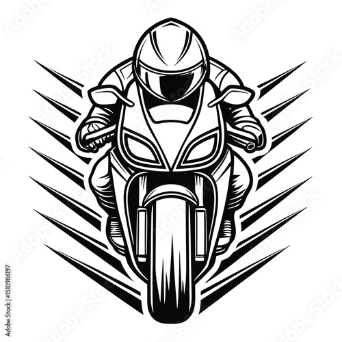 Monochrome Illustration of a Motorcyclist with Helmet Riding a Sportbike with Speed Lines Behind Him