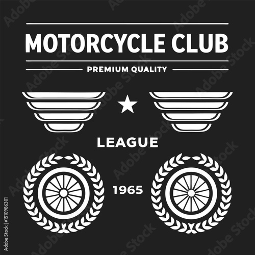 Vintage Motorcycle Club League Emblem Design with Wings Star Wheel and Laurel Wreath on Black Background