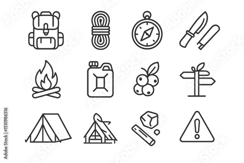Outdoor adventure essentials: camping, hiking, navigation, and safety gear icons