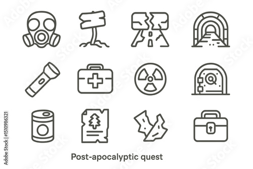 Post-apocalyptic survival icons set on grunge background
