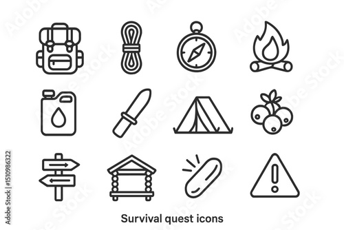 Outdoor survival icons: backpack, compass, fire, camping, knife, shelter, warning