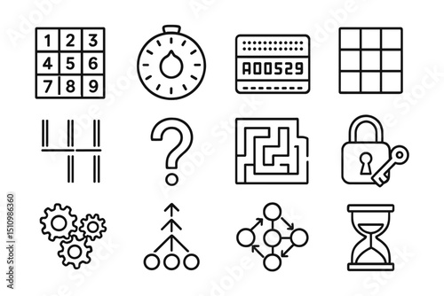 Puzzle and logic game icons on a black background