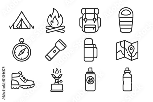 Camping essentials icons: tent, compass, backpack, sleeping bag, fire