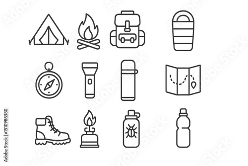 Camping essentials: icons of gear, tent, fire, map, and more
