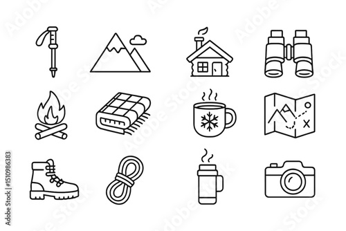 Outdoor adventure icons: camping gear, mountain, hiking, winter essentials