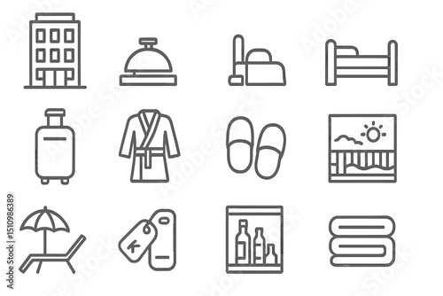Hotel icons set featuring amenities and services in minimalist style