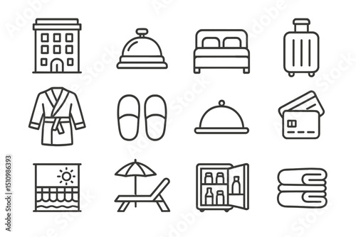 Hotel amenities icons: bed, luggage, mini fridge, dining bell, credit card