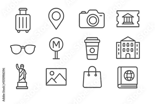 Travel and tourism icon set: camera, luggage, landmark, museum, coffee