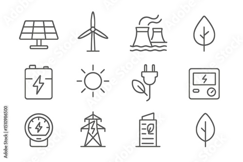 Renewable energy icons: solar, wind, nuclear, eco-friendly symbols