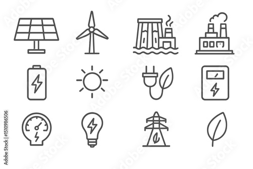 Renewable energy icons: solar, wind, hydroelectric, battery, and more