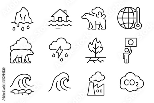 Climate change icons: flooding, polar bears, global warming, deforestation, pollution