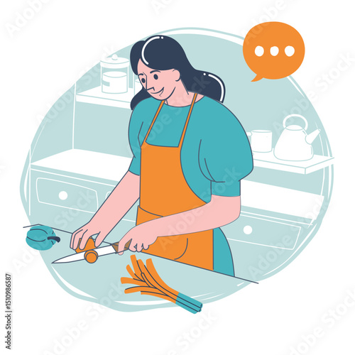 Woman chopping vegetables in kitchen, flat style vector illustration