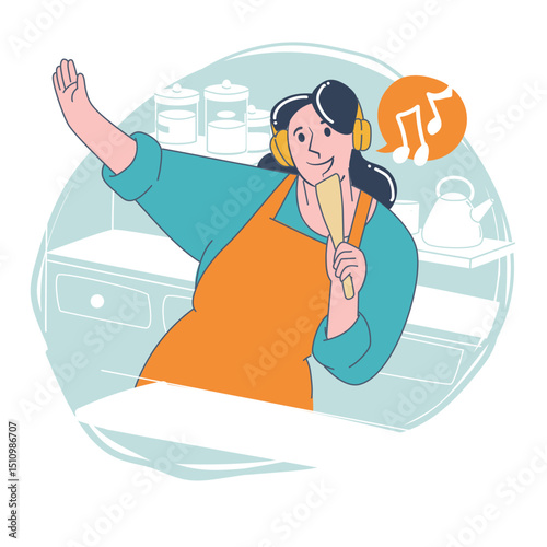 Woman singing and dancing while cooking in the kitchen
