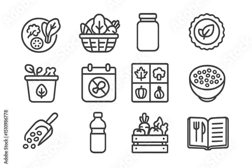 Eco-friendly food icons collection: fresh, organic, vegetables, plants, harvest
