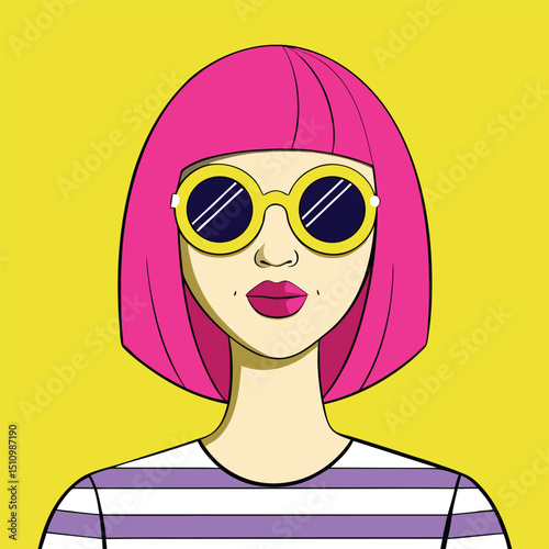 Pop Art Style Woman with Pink Bob Haircut and Round Sunglasses on a Yellow Background Retro Fashion