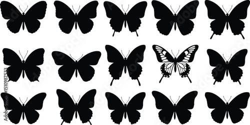 Unique Detailed Butterfly Among Silhouettes: Standout Insect Graphic in Black & White Nature Collection AI Generative
