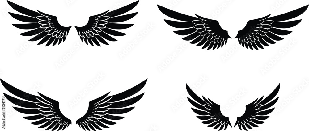 Naklejka premium Dynamic Black Feather Wing Assortment: Four Unique Pairs of Angelic & Bird Silhouettes for Design AI Generative 
