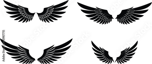 Dynamic Black Feather Wing Assortment: Four Unique Pairs of Angelic & Bird Silhouettes for Design AI Generative
