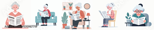 vector of a grandmother reading a newspaper