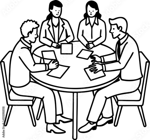 A diverse group of business professionals collaborating in a meeting around a circular table discussing documents