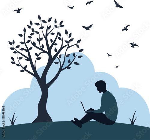 A person sitting with a laptop under a tree enjoying the peaceful outdoor environment and watching birds.