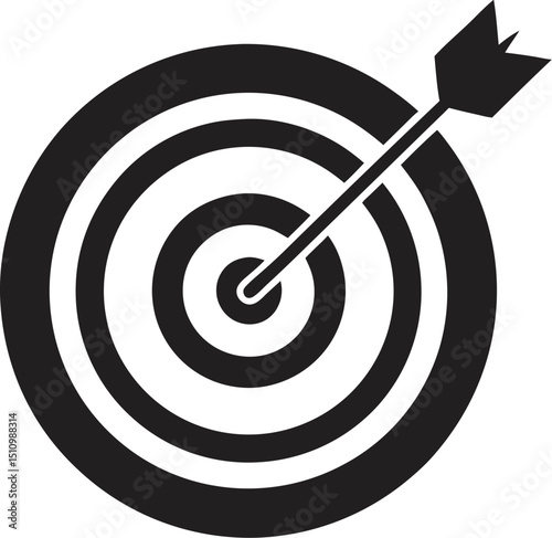 Black and white icon depicting a bullseye target with an arrow achieving the intended goal symbolizing success