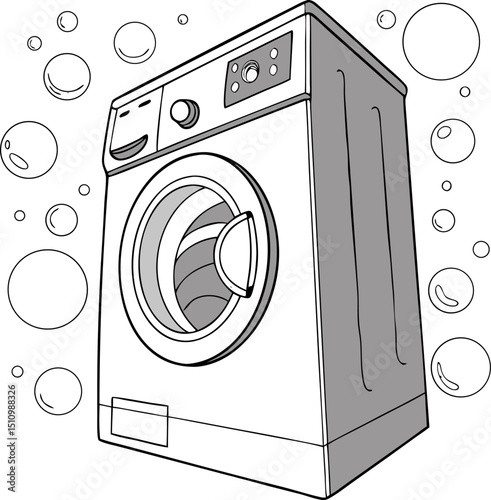 Black and white illustration of a modern washing machine with bubbles perfect for design concepts and illustrations.