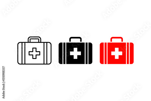 Vector Illustration of Three First Aid Kits with Medical Cross Symbol in Different Styles
