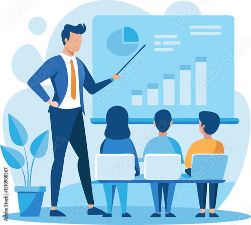 Business presentation illustration showcasing a confident presenter with a pointer and charts with a focused audience