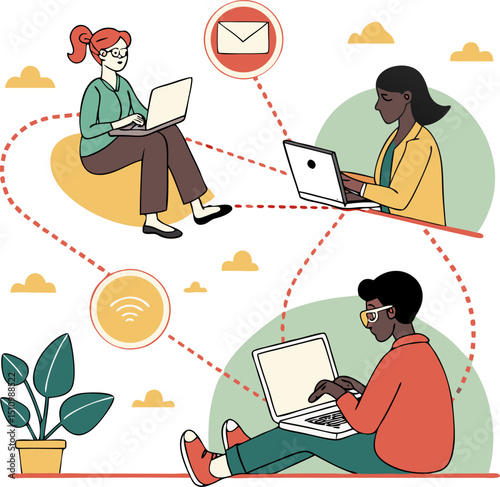Diverse group of people working on laptops connected through communication networks representing global collaboration