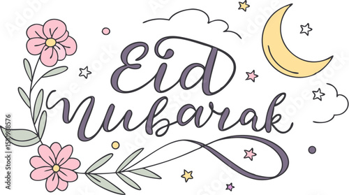Festive eid mubarak greeting card design featuring elegant calligraphy with floral accents and celestial elements of stars and moon