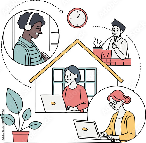 Remote work lifestyle illustrating professionals engaging in various activities in a home office setting