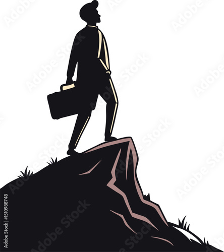 Silhouette of a businessman standing on a cliff top with a briefcase symbolizing success and ambition on a plain white background