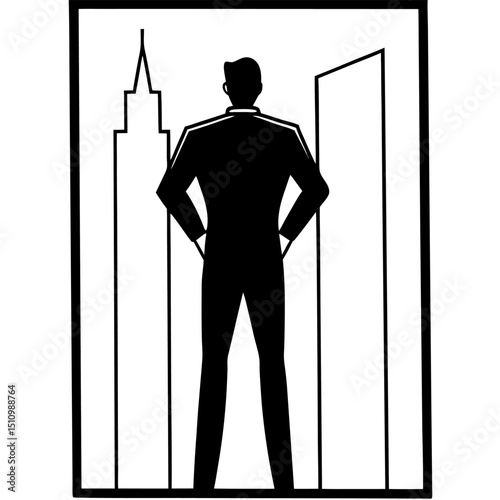 Silhouette of a confident business professional admiring city architecture in a minimalist black and white vector design