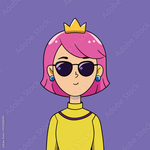Cartoon Princess with Pink Hair Sunglasses and Crown on a Purple Background for Creative Projects and Designs