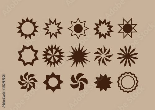 Collection of Fifteen Brown Starburst Shapes on a Tan Background Graphic Elements for Design Decoration or Illustration Isolated on a Solid Color