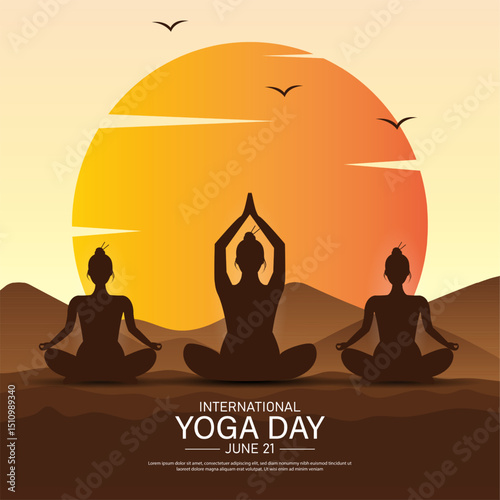International yoga day banner or poster template design. Woman doing yoga pose, vector illustration.