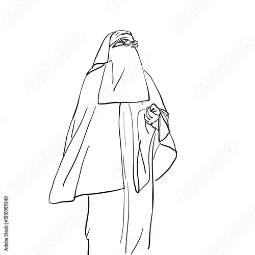 Minimalist line art of veiled woman in traditional dress, clean black contour lines without shading, elegant and symbolic hand-drawn vector illustration