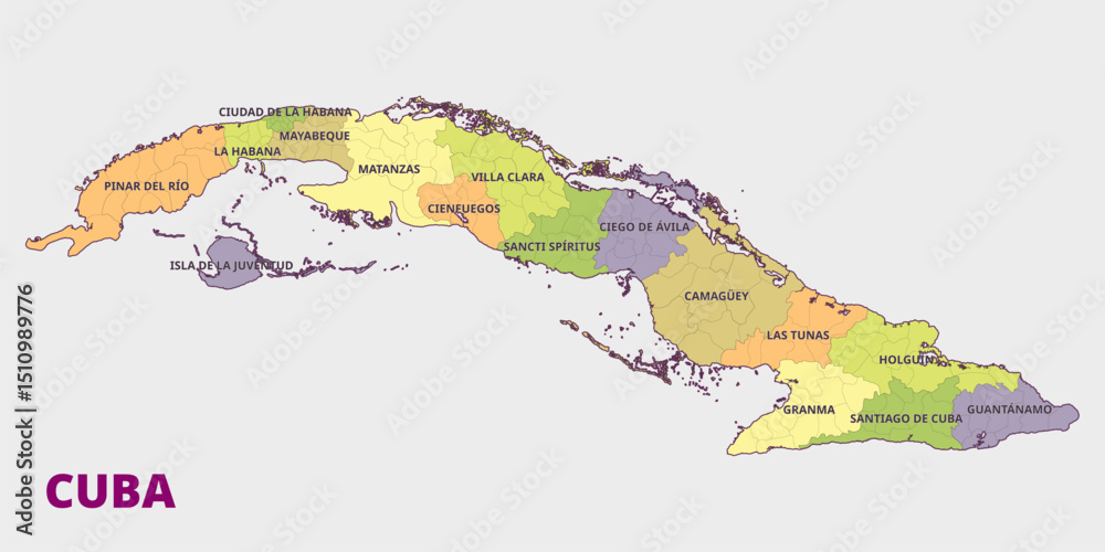 Obraz premium Map of Cuba showing administrative divisions