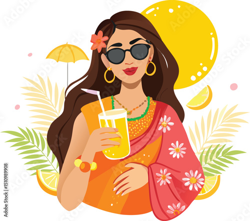 Beautiful Indian Woman Enjoying Summer Wearing Sunglasses and Traditional Saree Holding a Glass of Fresh Juice Vacation Vibes