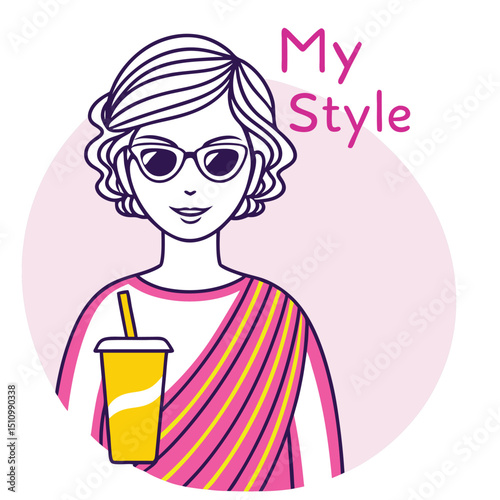 Stylish Woman with Sunglasses and Drink Illustration for Fashion Blog Website Social Media or Print Design Projects with a Modern Aesthetic