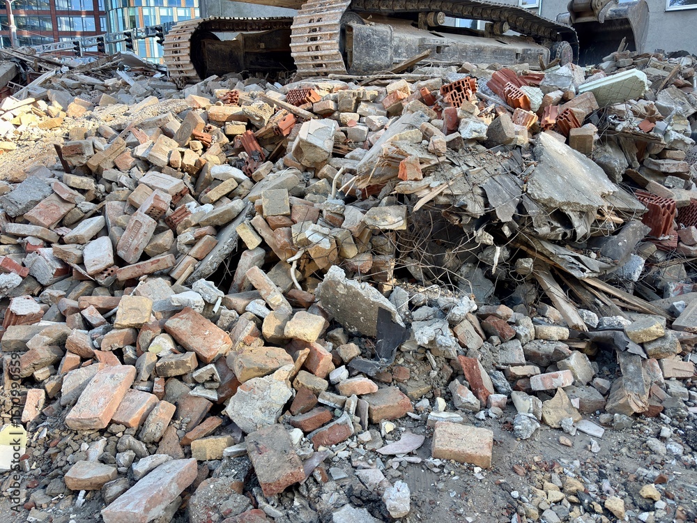 Fototapeta premium Large pile of construction rubble and debris with an excavator track visible, concept of demolition, waste management, urban renewal