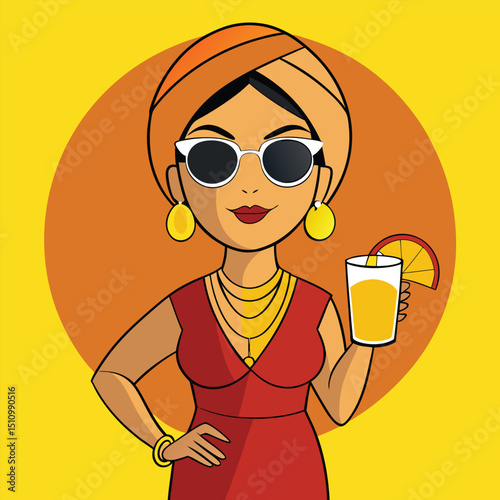Stylish Woman in Sunglasses Holding Orange Juice Cartoon Illustration with Warm Yellow and Orange Background for Summer Vibes