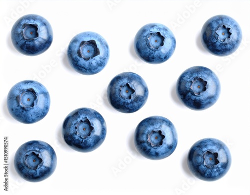 Blueberries, scattered blueberries on a white background, top view photo, studio photo.