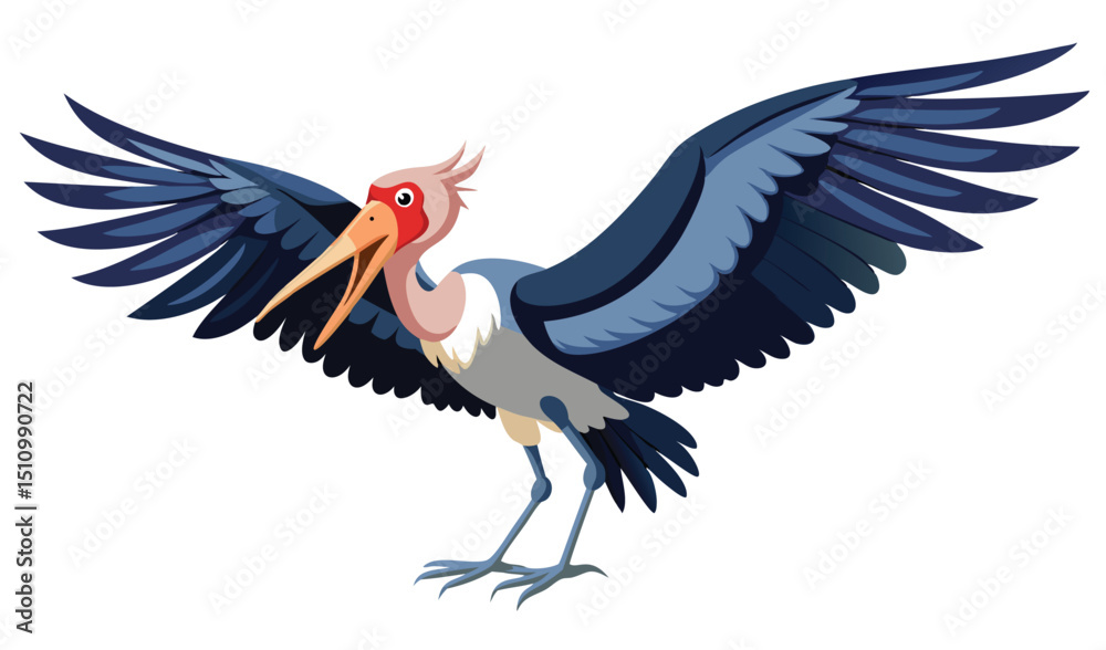 Obraz premium Cartoon illustration of a marabou stork with wings spread