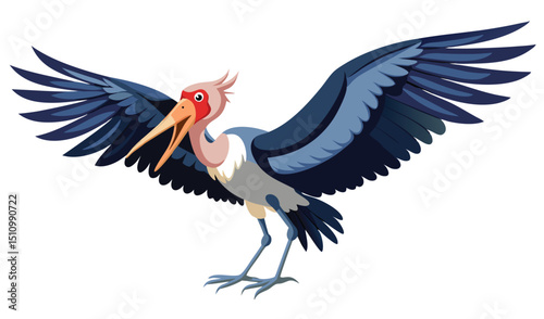 Cartoon illustration of a marabou stork with wings spread