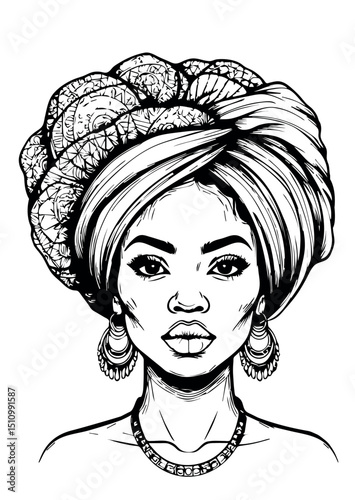 African Black Woman Coloring Page.Coloring Pages For Adults.Afro girl silhouette vector contour drawing.Beautiful female turban illustration.Print.Stencil cricut plotter laser cut.Poster.Wall Sticker