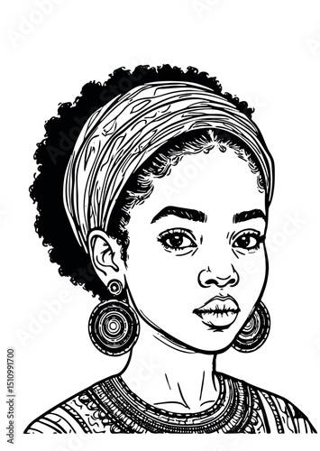 African Black Woman Coloring Page.Coloring Pages For Adults.Afro girl silhouette vector contour drawing.Beautiful female face illustration.Print.Stencil cricut plotter laser cut.Poster.Wall Sticker