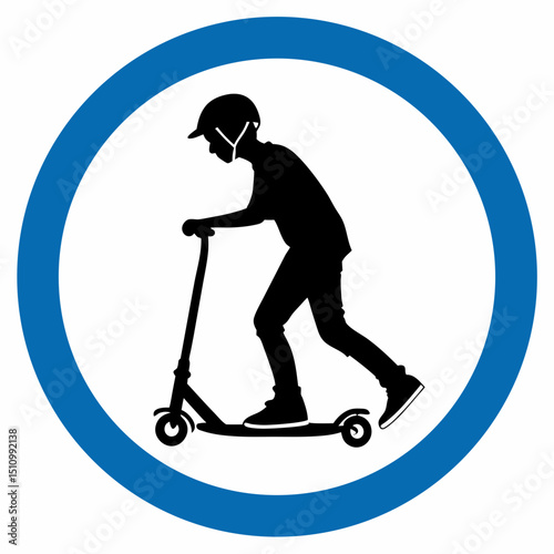 Scooter and skate zone. Boy actively riding a scooter in a blue circular zone